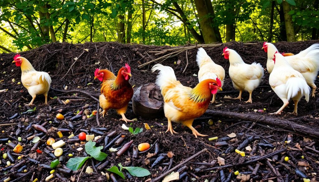 Chickens Foraging in Compost