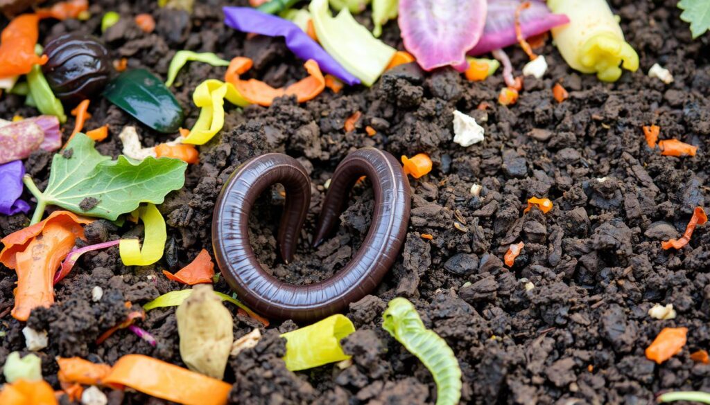 Earthworm feeding on organic waste