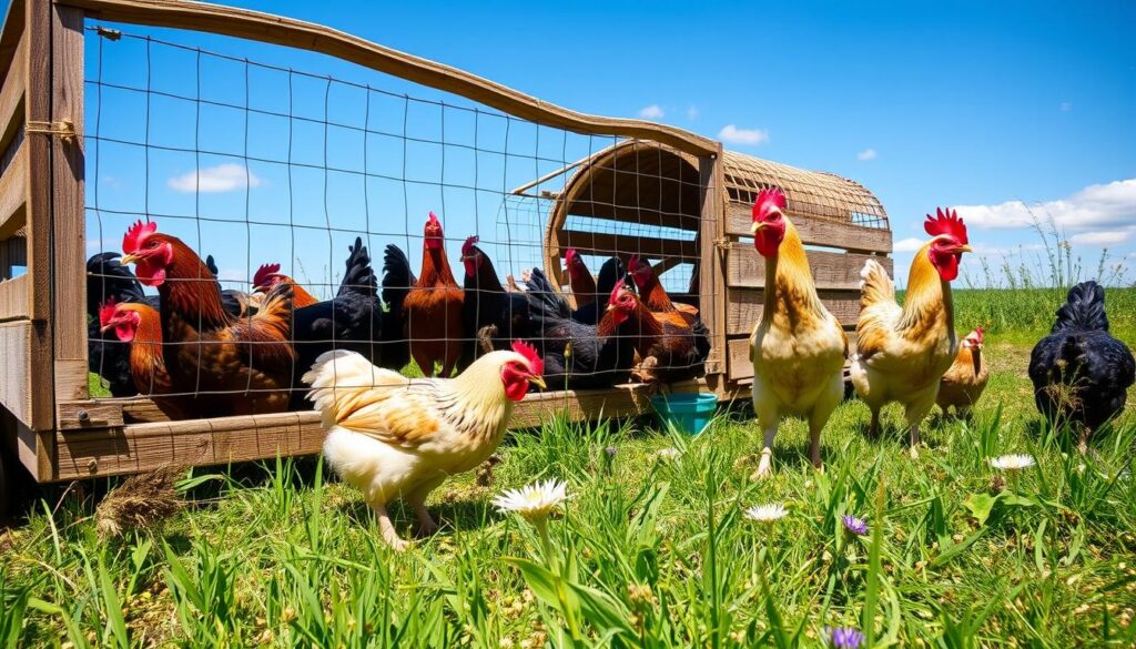 Meat chickens in a chicken tractor