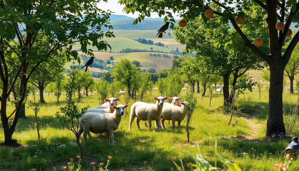 Sheep grazing in an agroforestry system