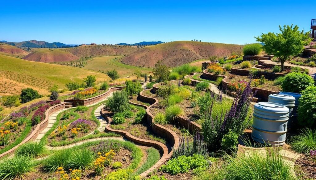 Sloped garden with drainage and rainwater harvesting