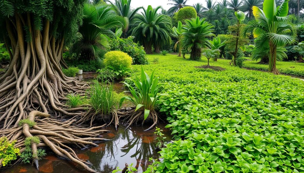 deep-rooted plants and shallow-rooted groundcovers