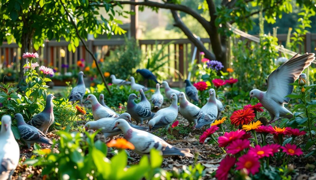 doves pigeons foraging