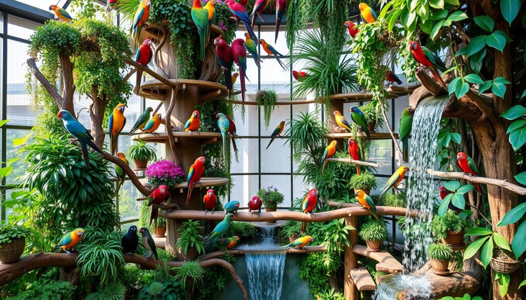 Vertical aviary with various bird species